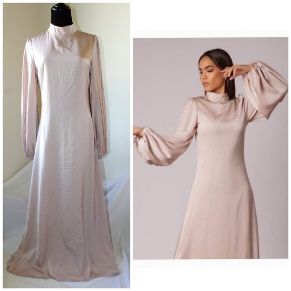 Zahraa The Label Nude Satin Maxi dress Size M Puff Sleeves shapeless glamorous - Picture 1 of 15